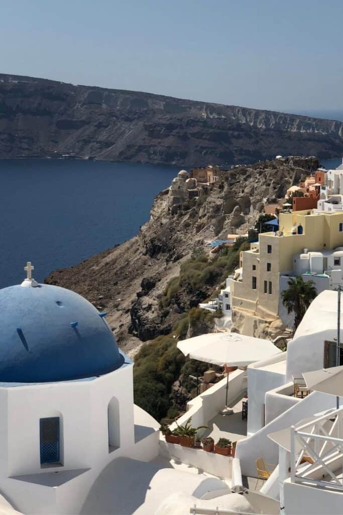 close up of the Blue Dome in Oia, Santorini