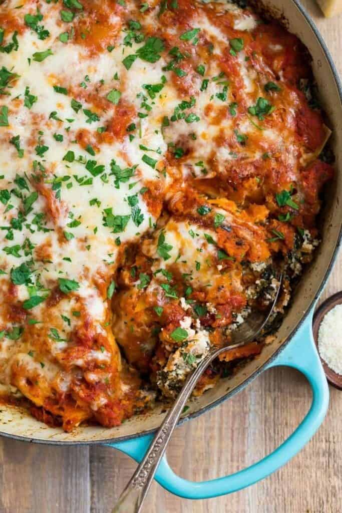 Skillet Lasagna with Basil, Italian Sausage, and Butternut Squash by Well Plated