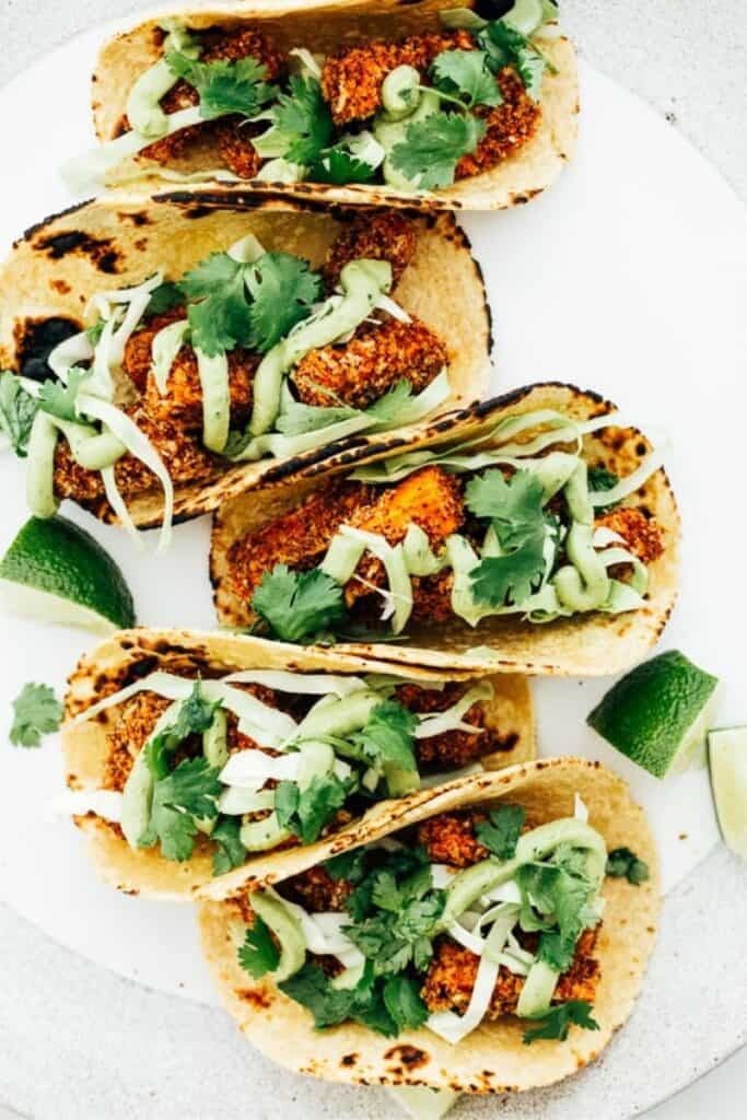 Vegan Crispy Sweet Potato Tacos with Avocado Cream by Blissful Basil