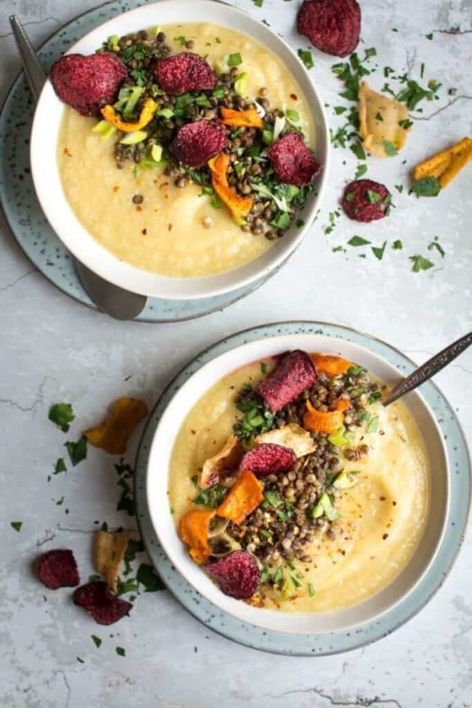 Parsnip and Apple Soup with Black Lentils and Vegetable Crisps by Lauren Caris Cooks