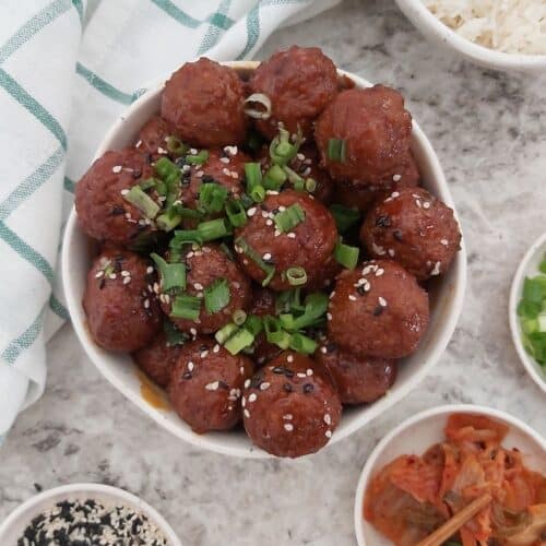 Plated Korean Meatballs with rice and kimchi