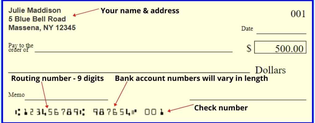 Wells Fargo Check showing the routing numbers