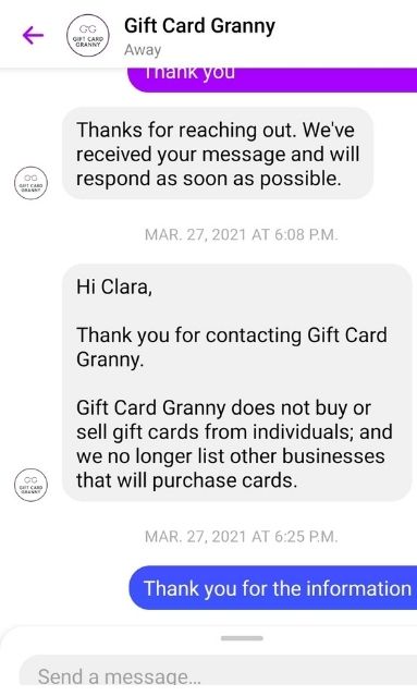 Screenshot of written conversation with Gift Card Granny