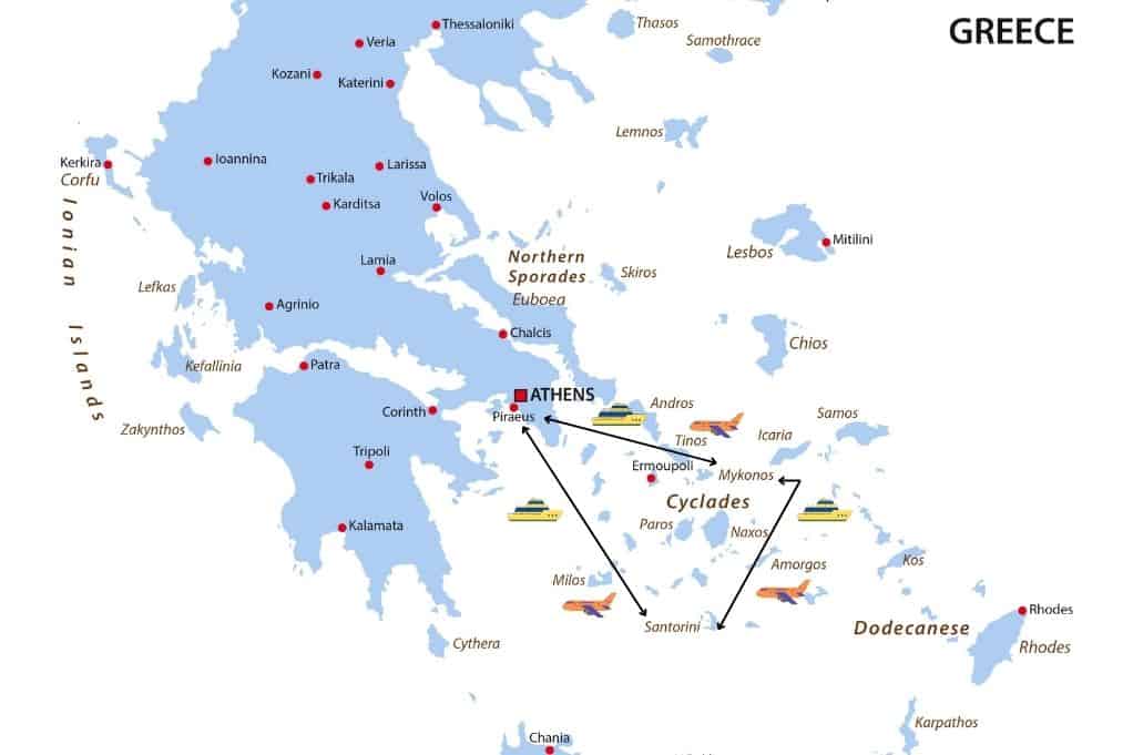 Map showing the route between Santorini and Mykonos