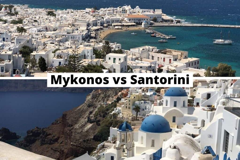 The phrase, Mykonos vs Santorini overlaid on a split image of both islands
