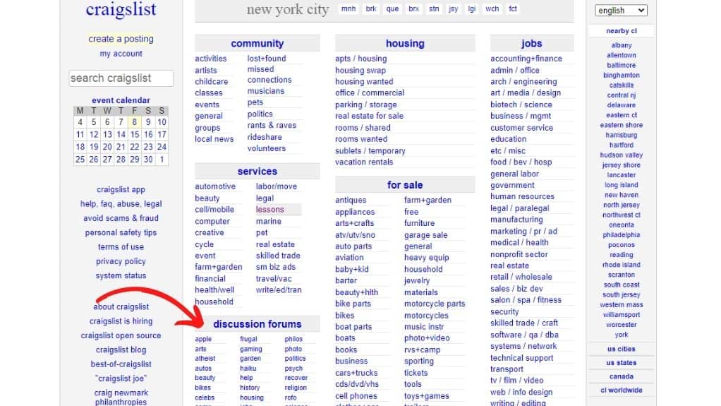 Screenshot of Craigslist homepage