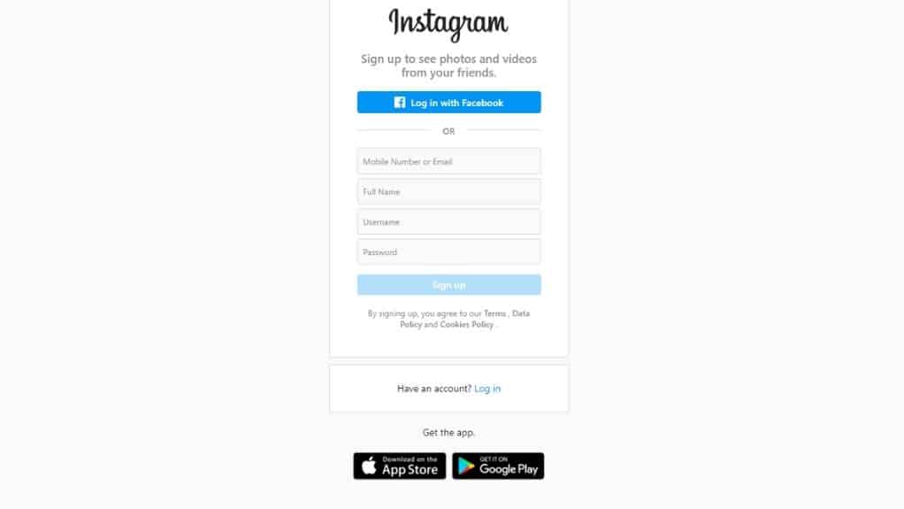 Screenshot of Instagram sign up page