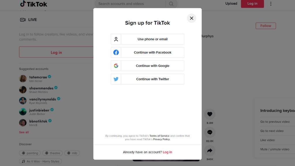 Screenshot of Tik Tok sign up page