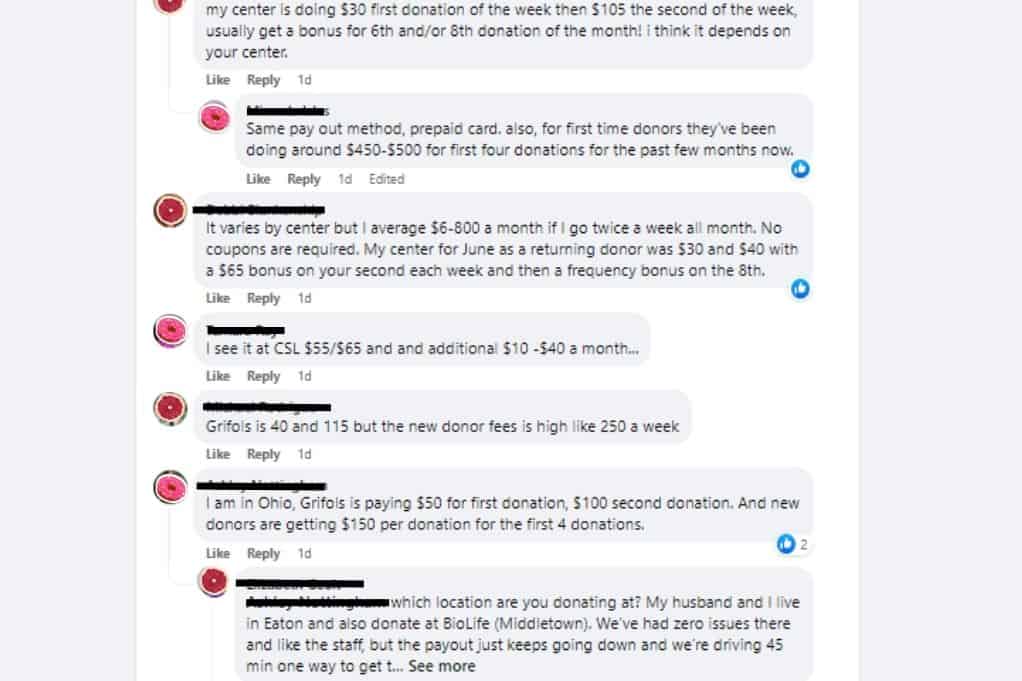 Screenshot of donors discussing Grifols rates