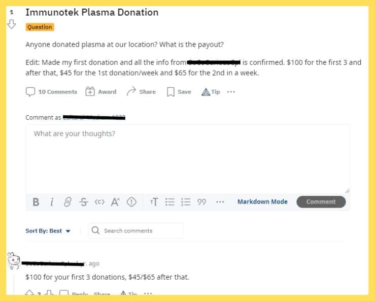 Reddit conversation on how much does Immunotek pay for plasma