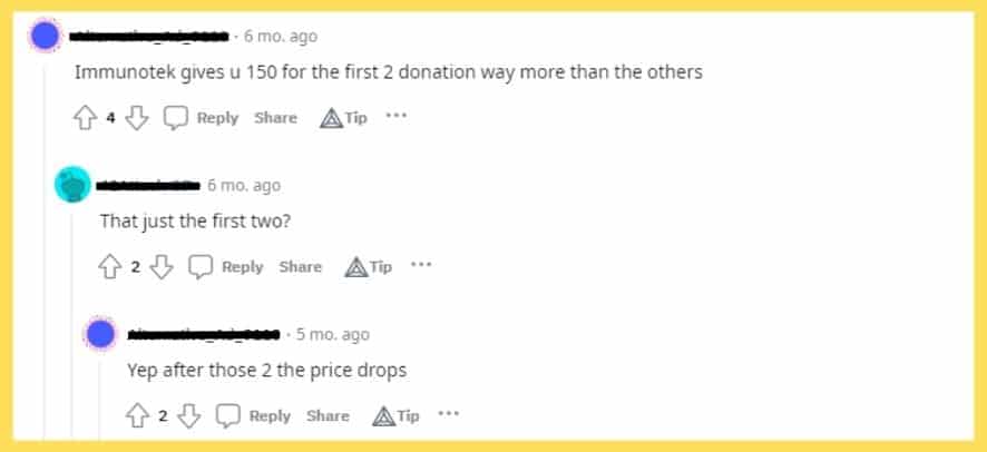 Reddit user confirming Immunotek plasma donation rates