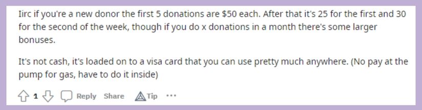 screenshot of donor mentioning BPL plasma donation rates