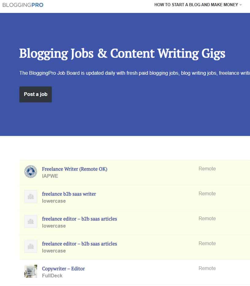 content writing gigs listed on BloggingPro platform