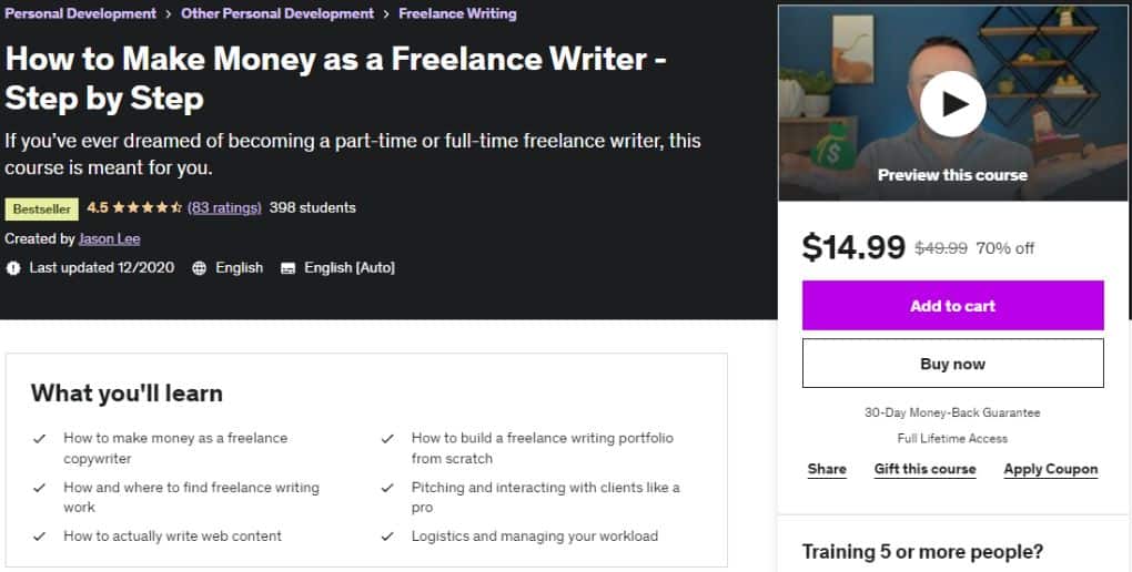 Udemy beginner freelance writing course