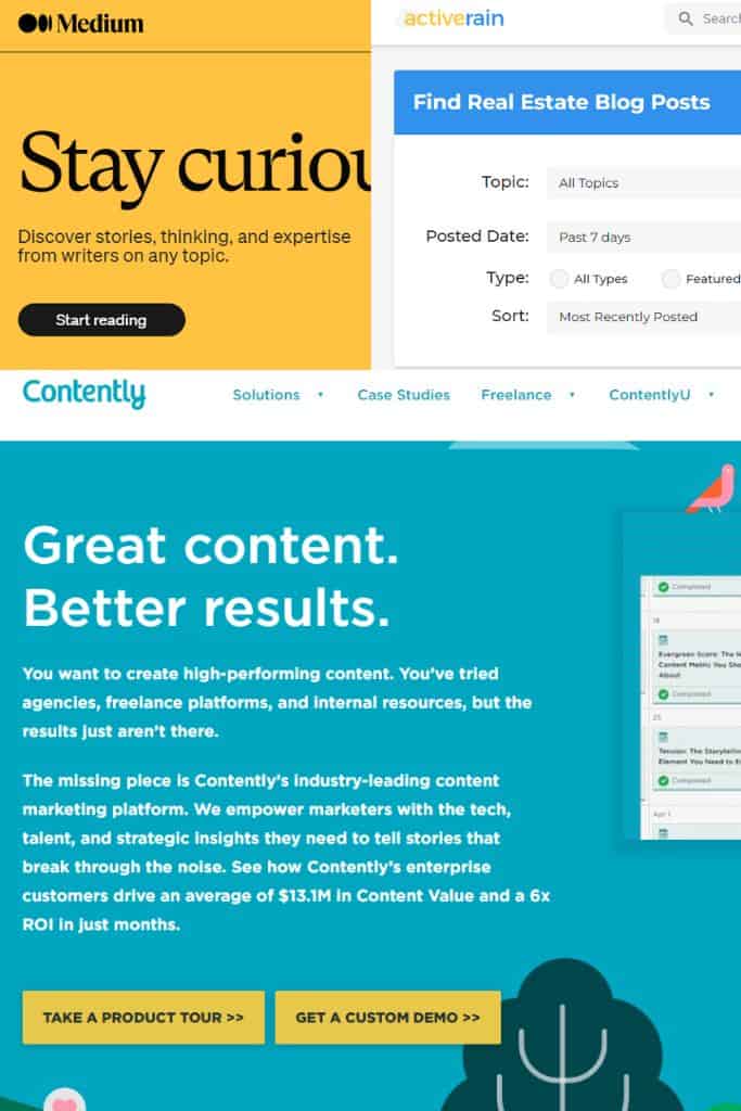 freelance writing platforms: medium, activerain, contently collage