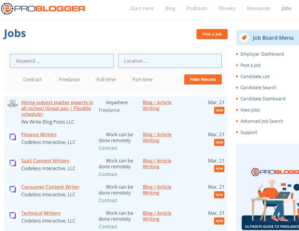 ProBlogger website job listings for freelance writers