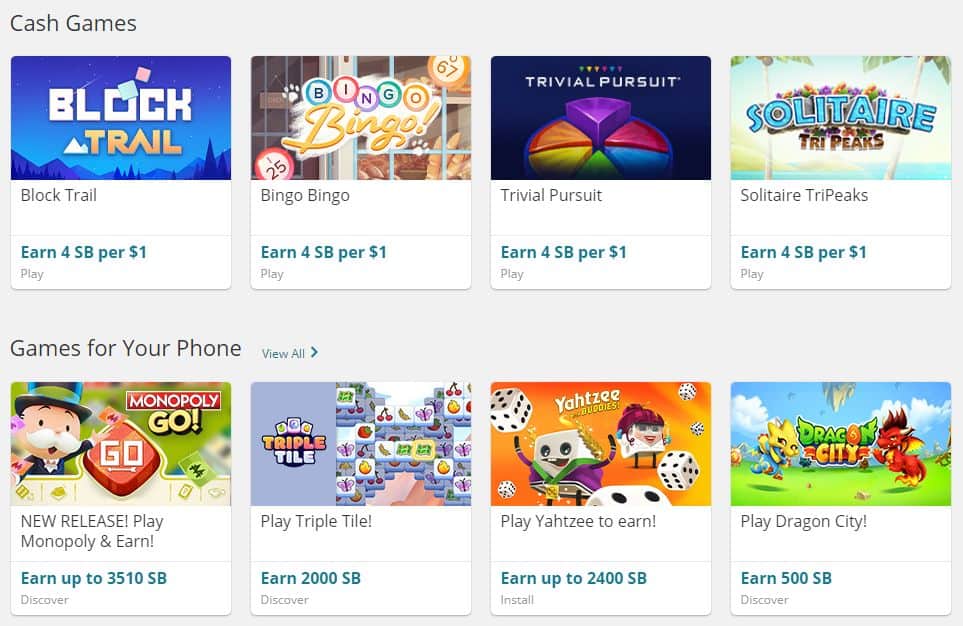 screenshot of games available on Cash Games app