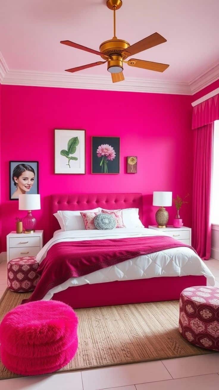 hot pink fushiia walls, bedding and seating poufs