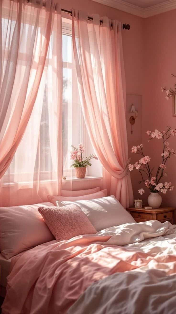 a soft pink bedroom with parted curtain and flowers