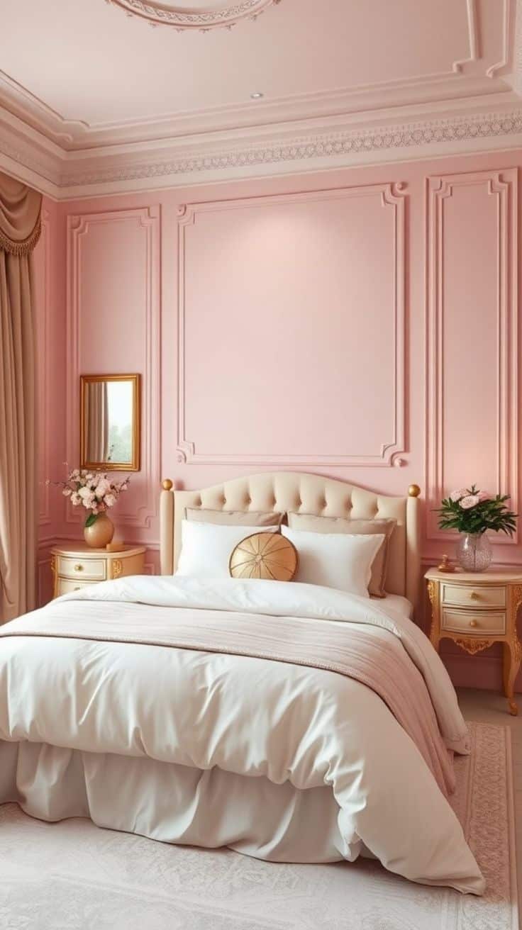 a chic blush pink bedroom with wall pink crown mouldings