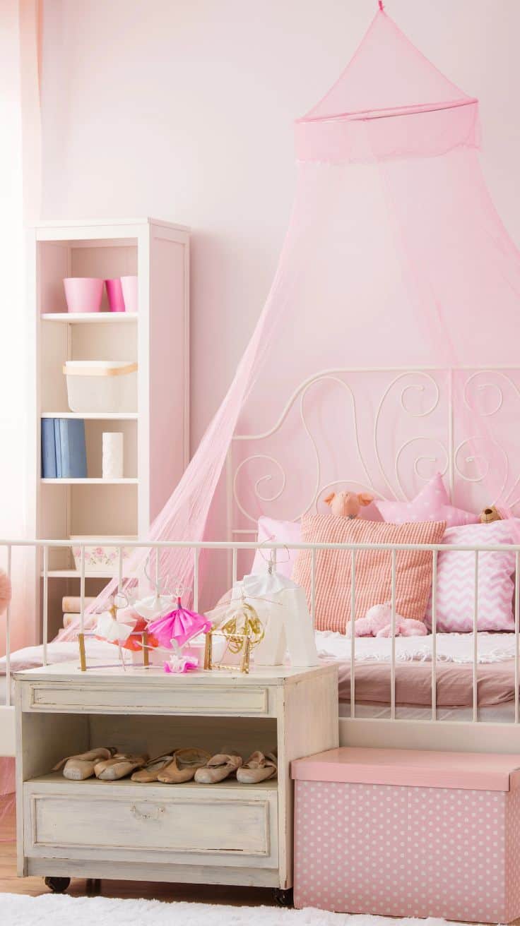 a bedroom with pink decor and net canopy