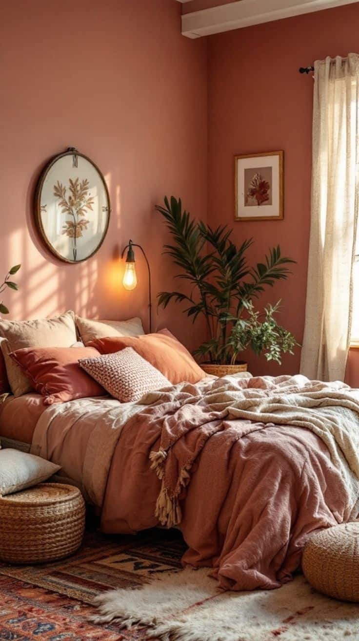 a warm pink bedroom with earthy tones