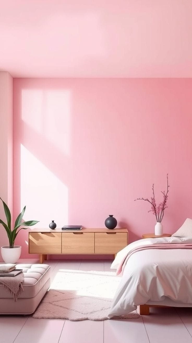 minimalistic bedroom with medium-deep pink walls