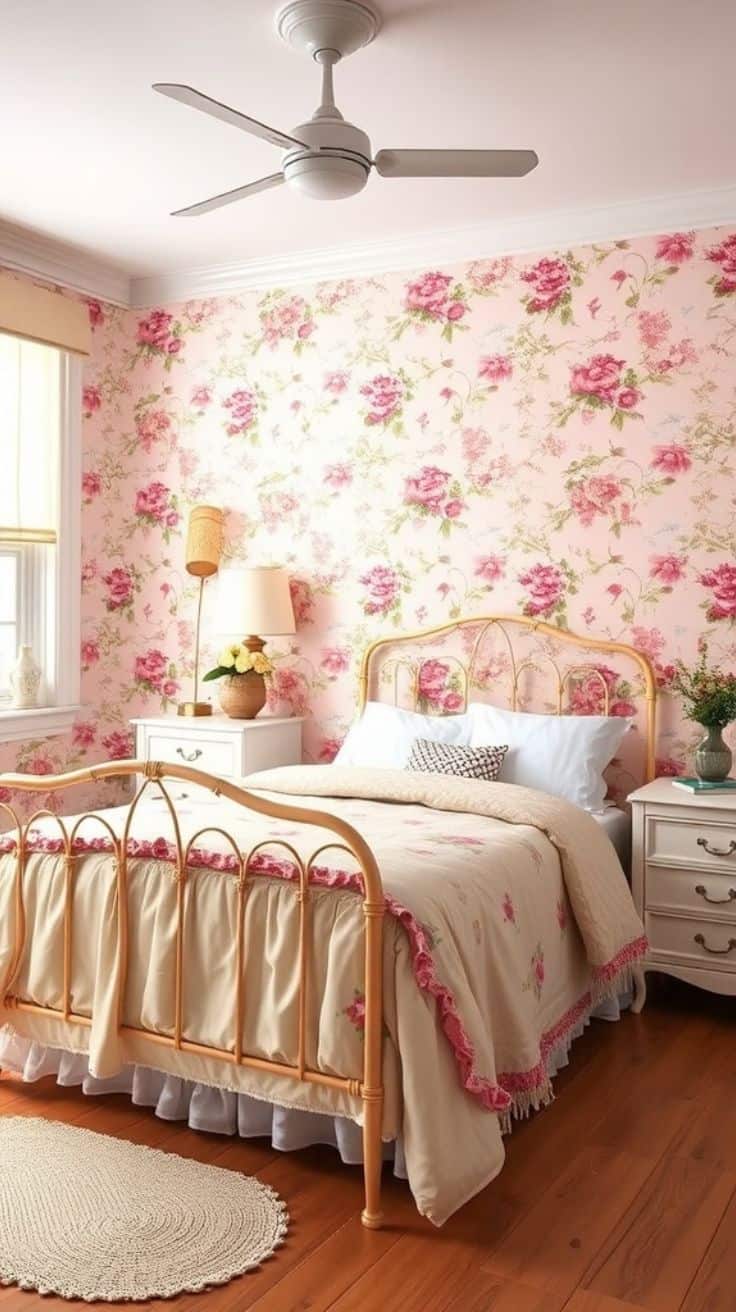 cozy bedroom with pink floral wallpaper and a golden bed frame