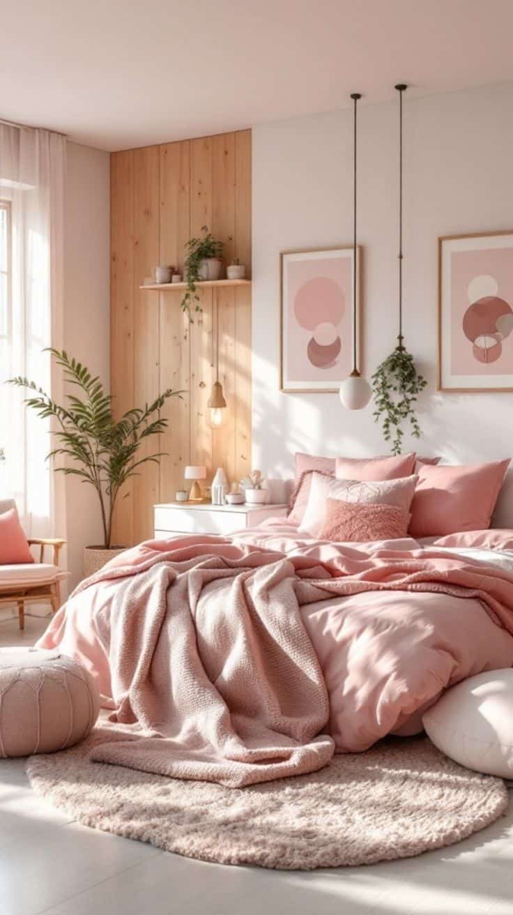 a light pink bedroom with natural wood elements