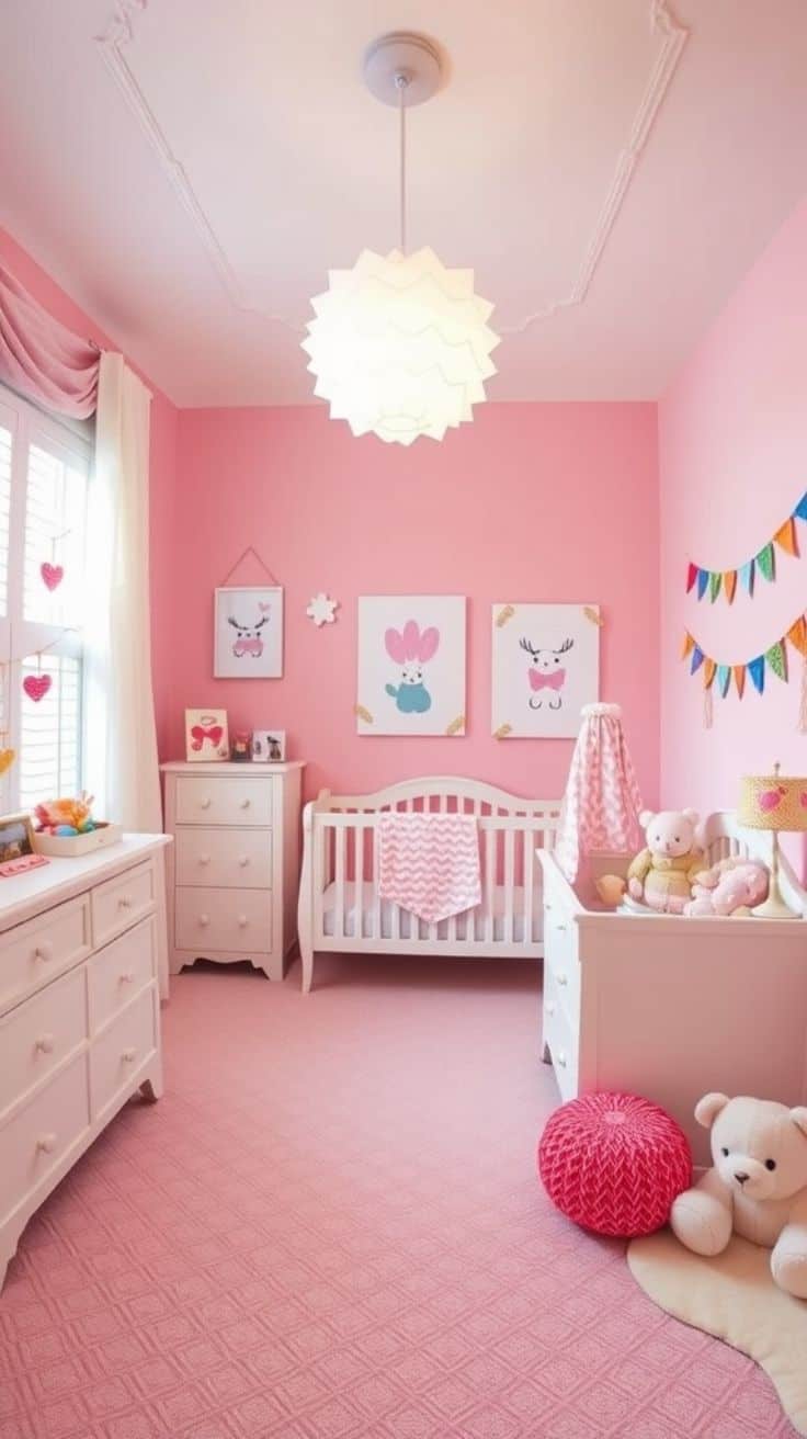 a pink-themed baby nursery with a large pointed light fixture