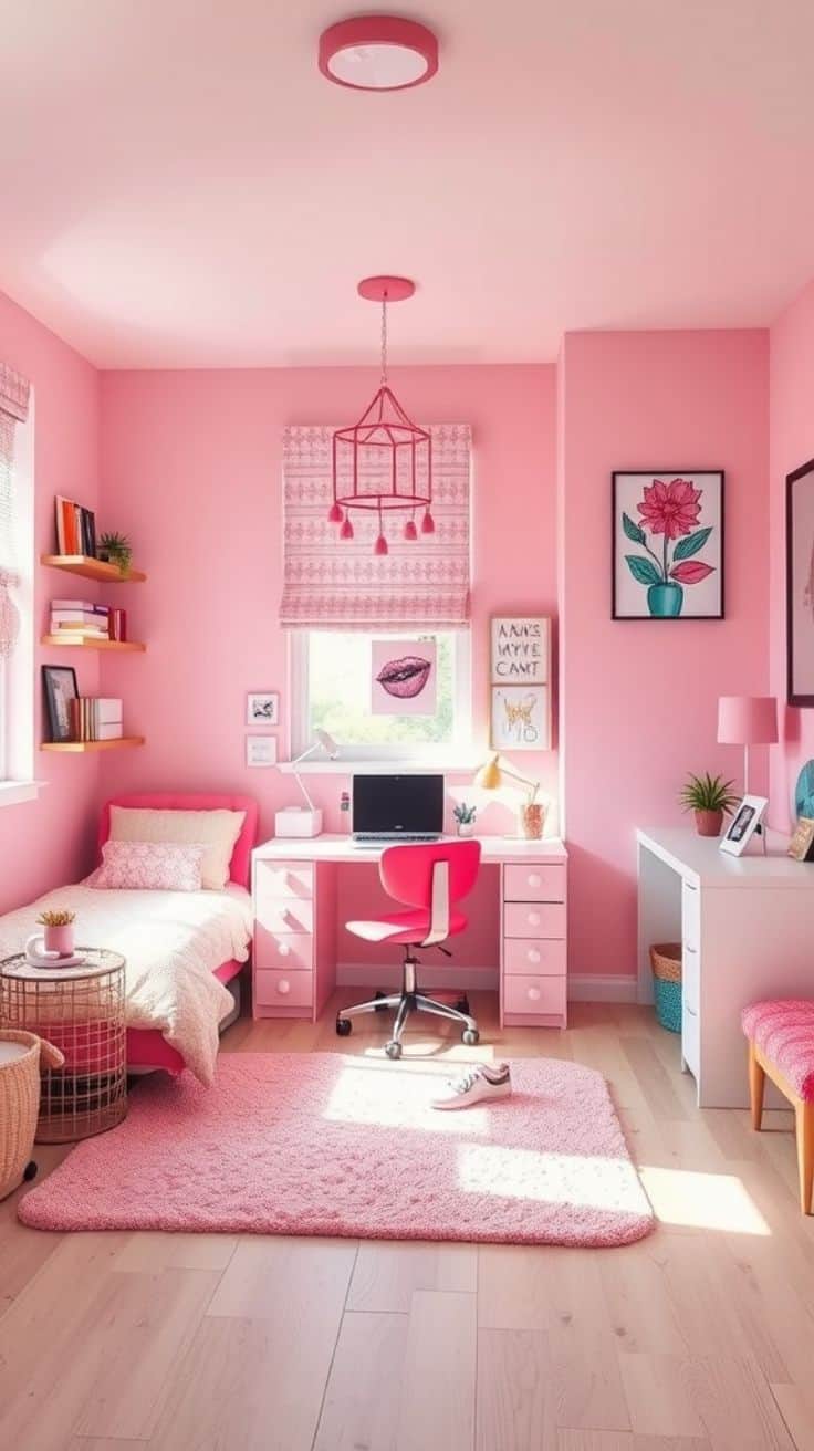 pink teen bedroom with matching decor