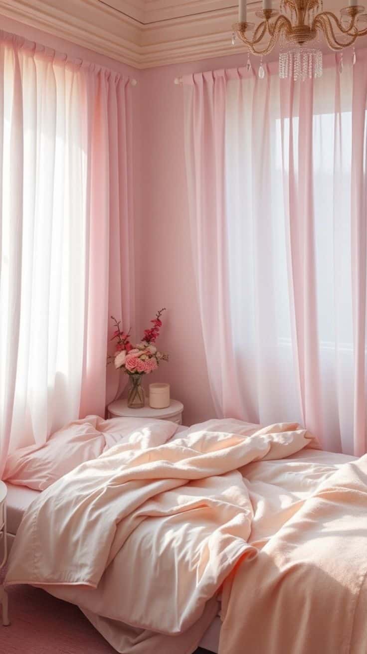 a bed with ruffled sheets and soft pink ceiling to floor pink curtains