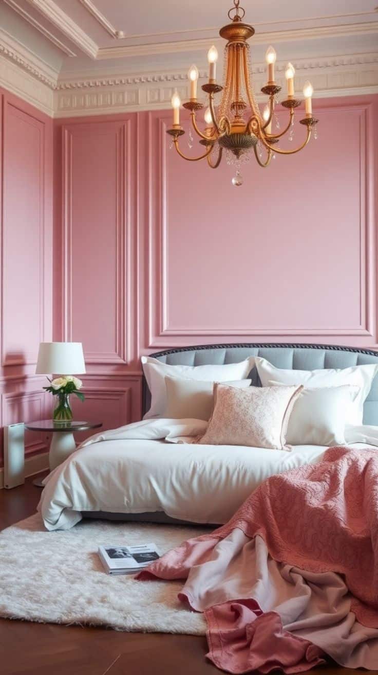 a chic pink and grey themed bedroom with a large bed in the center